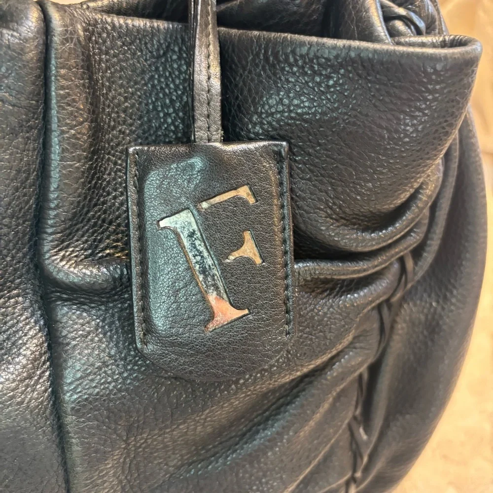 Vintage Furla REHAB Bag Black Leather Hobo Bag braided Trim magnetic snap close
